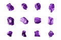 Purple gem stones white background isolated close up, raw gemstones, mineral samples, amethyst, sapphire, topaz, spinel, tanzanite Royalty Free Stock Photo