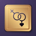 Purple Gender icon isolated on purple background. Symbols of men and women. Sex symbol. Happy Valentines day. Gold