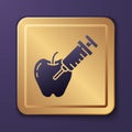 Purple Genetically modified apple icon isolated on purple background. GMO fruit. Syringe being injected to apple. Gold