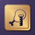 Purple Genetically modified chicken icon isolated on purple background. Syringe being injected to chicken. Gold square