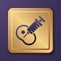 Purple Genetically modified meat icon isolated on purple background. Syringe being injected to meat. Gold square button