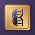 Purple Genetically modified meat icon isolated on purple background. Syringe being injected to meat. Gold square button