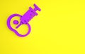 Purple Genetically modified meat icon isolated on yellow background. Syringe being injected to meat. Minimalism concept