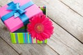 Purple gerbera flower in gift box