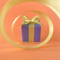 Purple Gift box at the end of the spiral yellow ribbon, orange background, square. Royalty Free Stock Photo