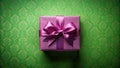 A purple gift box with a satin ribbon bow rests on a green patterned background. Generative AI Royalty Free Stock Photo