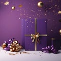 Purple Gifts, Gold and Purple Cocards, Gold Stars, Bombs, confetti.Valentine\'s Day banner with space for your own co Royalty Free Stock Photo