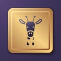 Purple Giraffe head icon isolated on purple background. Animal symbol. Gold square button. Vector Royalty Free Stock Photo