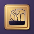 Purple Glacier melting icon isolated on purple background. Gold square button. Vector