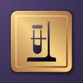 Purple Glass test tube flask on stand icon isolated on purple background. Laboratory equipment. Gold square button Royalty Free Stock Photo