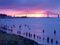 Purple glow sunset bridge and water