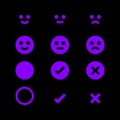 Purple glowing icon and emotions face, emotional symbol and approval check sign button, fluorescent emotions faces and checkmark x Royalty Free Stock Photo