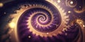 Purple and gold abstract spiral galaxy. Fairy dust magical swirl design. Sparkle glitter shimmer background. Royalty Free Stock Photo