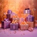 Purple and gold gifts with bows, confetti all around. New Year\'s party and celebra