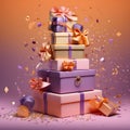 Purple and gold gifts with bows, confetti all around. New Year\'s party and celebra