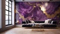 a purple and gold living room with a couch and coffee tables Royalty Free Stock Photo