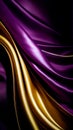 Purple and gold silk texture background. Abstract textile elegant luxury violet and golden banner. Satin wavy backdrop Royalty Free Stock Photo