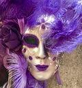 Purple and gold venetian masquerade mask hanging on a wall