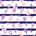 Purple gothic keys with ribbon bows navy striped seamless vector Royalty Free Stock Photo