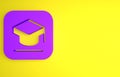 Purple Graduation cap icon isolated on yellow background. Graduation hat with tassel icon. Minimalism concept. 3D render