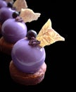 Purple grape dessert with shiny mirror glaze and chocolate decorations close up