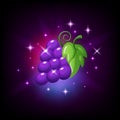 Purple grapes bunch with green leaf and sparkles, slot icon for online casino or logo for mobile game on dark purple Royalty Free Stock Photo