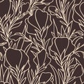 purple graphic pattern of large beige flowers on a brown background, seamless pattern, texture Royalty Free Stock Photo