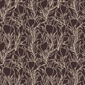 purple graphic pattern of large beige flowers on a brown background, seamless pattern