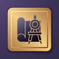 Purple Graphing paper for engineering and drawing compass icon isolated on purple background. Gold square button. Vector Royalty Free Stock Photo