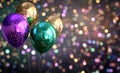 Purple, green and gold balloons with a bokeh light background. Mardi gras carnival decoration Royalty Free Stock Photo
