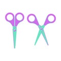 Purple with green open and closed scissors on a white background.