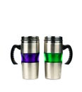 Purple and green thermos bottle with handle isolated on white background Royalty Free Stock Photo