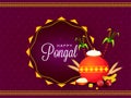 Purple greeting card design with mud pot full of rice, fruit, wheat ear and sugarcane for Happy Pongal.