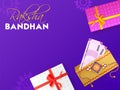 Purple greeting card design for occasion of Indian festival Raksha Bandhan with rakhi, money envelope and gifts.