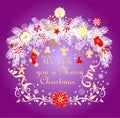 Purple greeting Christmas card with craft white wreath with hanging gold angels, jingle bell, sock, gingerbread, apple, lime, cand Royalty Free Stock Photo