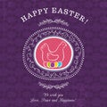 Purple greetings card for Easter Day with hen