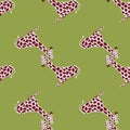 Purple and grey colored giraffe seamless pattern in doodle style. Green background. Creative design