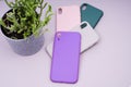 Purple, grey, green and pink smartphone cases. Green plant in a gray pot. Protect your phone