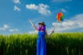 Purple hair girl with pinwheel at wheat field Royalty Free Stock Photo