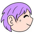 The purple haired smiling man head could be seen from the side. doodle icon drawing