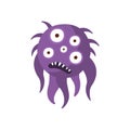 Purple Hairy Aggressive Malignant Bacteria Monster With Sharp Teeth And Five Eyes Cartoon Vector Illustration