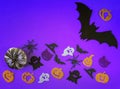 Purple Halloween background with decorative ghosts, pumpkins, spiders, bats. Happy Halloween