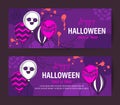 Purple Halloween holiday banner design with spooky face balloon