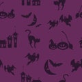 Purple Halloween vector background with ghosts, doodle houses, pumpkins.