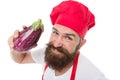 Purple is the happiest color. Bearded man hold eggplant vegetable. Cook with healthy vegetable or fruit. Prepare