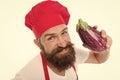 Purple is the happiest color. Bearded man hold eggplant vegetable. Cook with healthy vegetable or fruit. Prepare