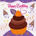 Purple happy birthday card with isoltaed cupcake Vector