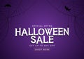 Purple Happy Halloween, Shop Now poster Template Background with bat and spider. Vector Illustration