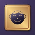 Purple Happy little boy head icon isolated on purple background. Face of baby boy. Gold square button. Vector