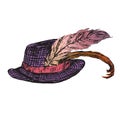Purple hat with pink ribbon and fancy feathers, hand drawn doodle, sketch in woodcut style